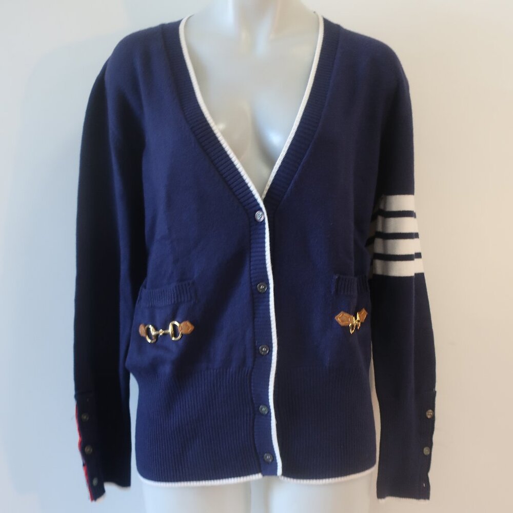 NWOT Romi Basha Harper Navy Blue, White Cardigan Sweater O/S